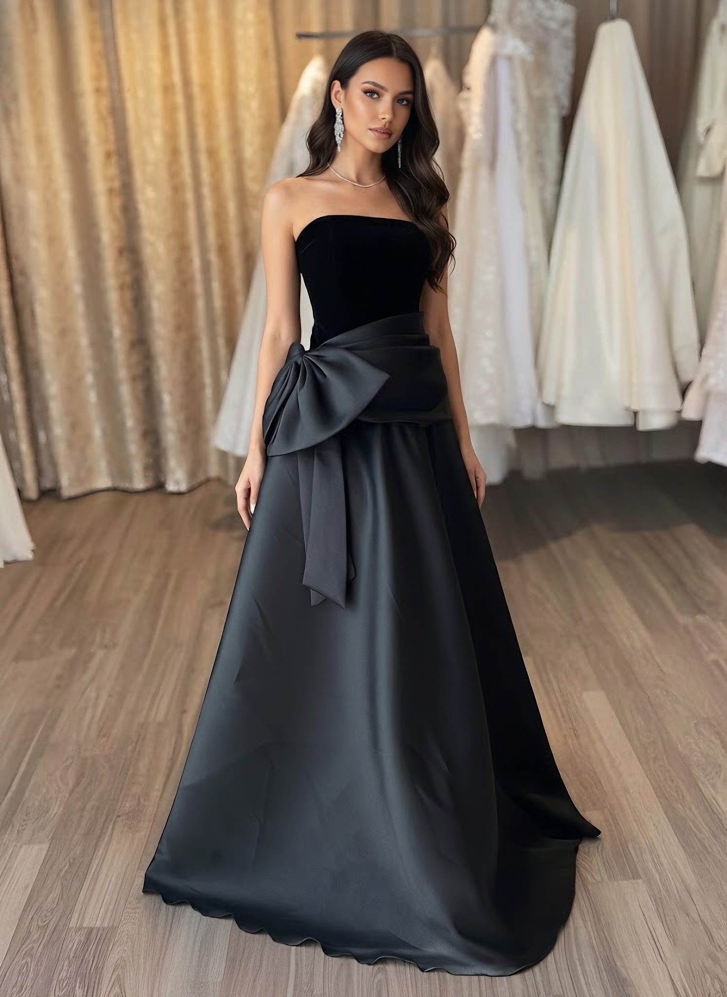 A-Line/Princess Off-the-Shoulder Satin Evening Dresses Velvet Floor-Length Sleeveless Bowknot Party Dresses