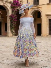 A-Line/Princess Off-the-Shoulder Tulle Mother of the Bride Dresses Ankle-Length Long Sleeves Floral Lace Formal Dresses