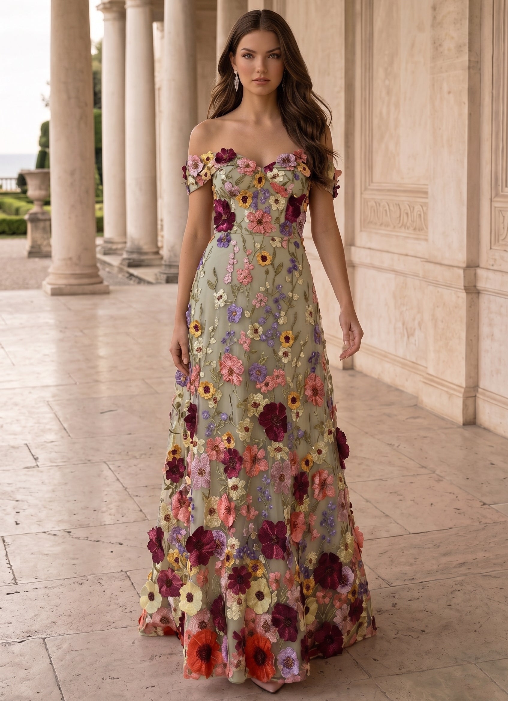 A-Line/Princess Off-the-Shoulder Evening Dresses Lace Embroidery Floor-Length Sleeveless Floral Party Dresses