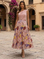 A-Line/Princess One-Shoulder Cocktail Dresses Elastic Chiffon Tea-Length Sleeveless Lace Floral Formal Dresses