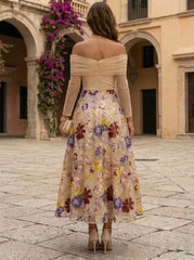 A-Line/Princess Off-the-Shoulder Lace Embroidery Cocktail Dresses Ankle-Length Long Sleeves Floral Formal Dresses