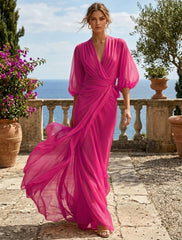 A-Line/Princess Chiffon V-Neck Evening Dresses Floor-Length 3/4 Sleeves Ruched Party Dresses