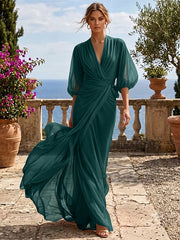 A-Line/Princess Chiffon V-Neck Evening Dresses Floor-Length 3/4 Sleeves Ruched Party Dresses