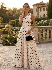 A-Line/Princess One-Shoulder Polka Dot Formal Dresses Floor-Length Sleeveless Evening Dresses