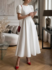A-Line/Princess Jewel Neck Stretch Satin Cocktail Dresses Tea-Length Short Puffy Sleeves Little White Dresses Party Dresses
