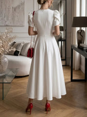 A-Line/Princess Jewel Neck Stretch Satin Cocktail Dresses Tea-Length Short Puffy Sleeves Little White Dresses Party Dresses