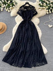 A-Line/Princess Lace Floral Cinched Waist Wedding Guest Dresses Tea-Length Short Sleeves