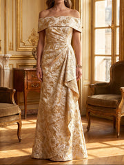 A-Line/Princess One-Shoulder Jacquard Formal Dresses Floor-Length Sleeveless Evening Dresses Ruffles