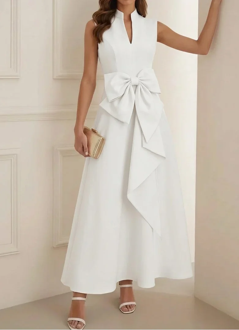A-Line/Princess Mock Neck Stretch Satin Cocktail Dresses Ankle-Length Sleeveless Little White Dresses Party Dresses Bowknot