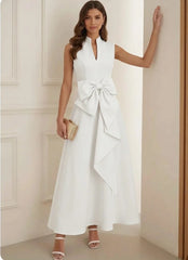 A-Line/Princess Mock Neck Stretch Satin Cocktail Dresses Ankle-Length Sleeveless Little White Dresses Party Dresses Bowknot