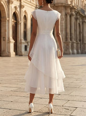 A-Line/Princess Boat Neck Cocktail Dresses Organza Tea-Length Cap Sleeves Little White Dresses Ruffles Party Dresses