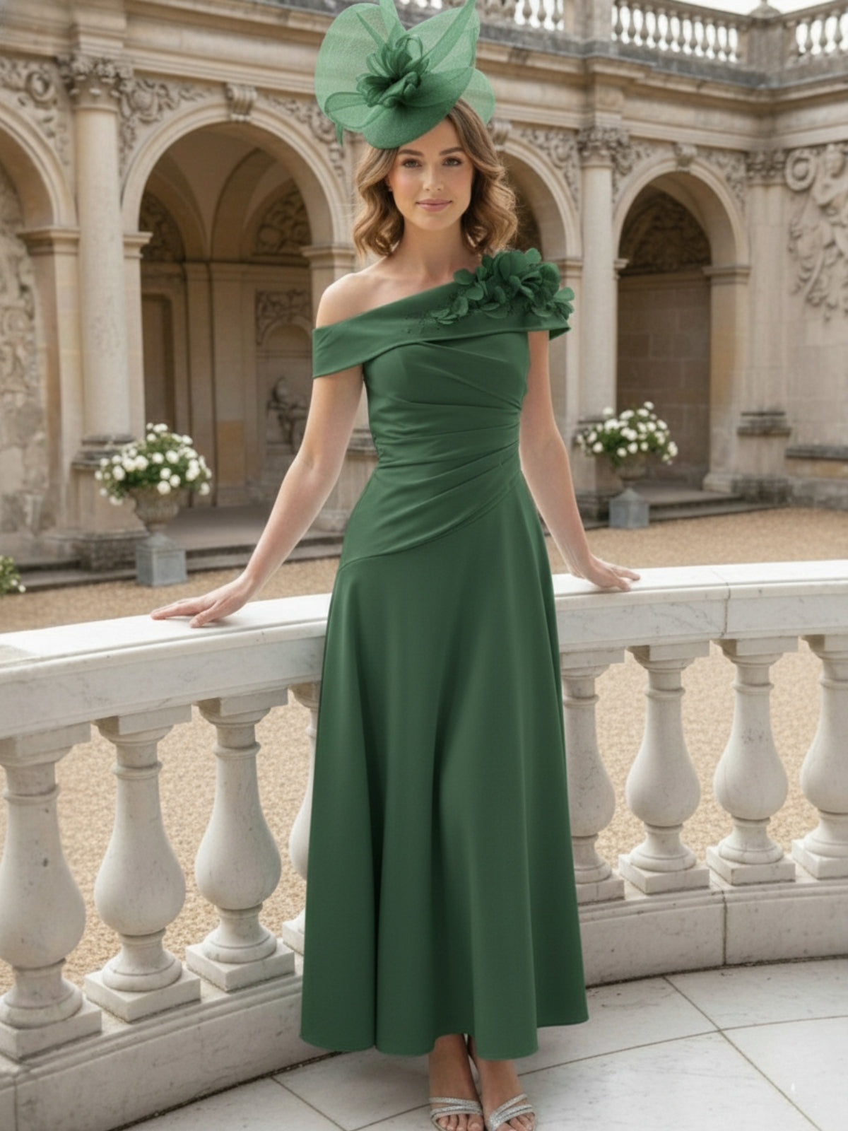 A-Line/Princess Off-the-Shoulder Pleated Tea-Length Mother of the Bride Dresses with 3D Flower