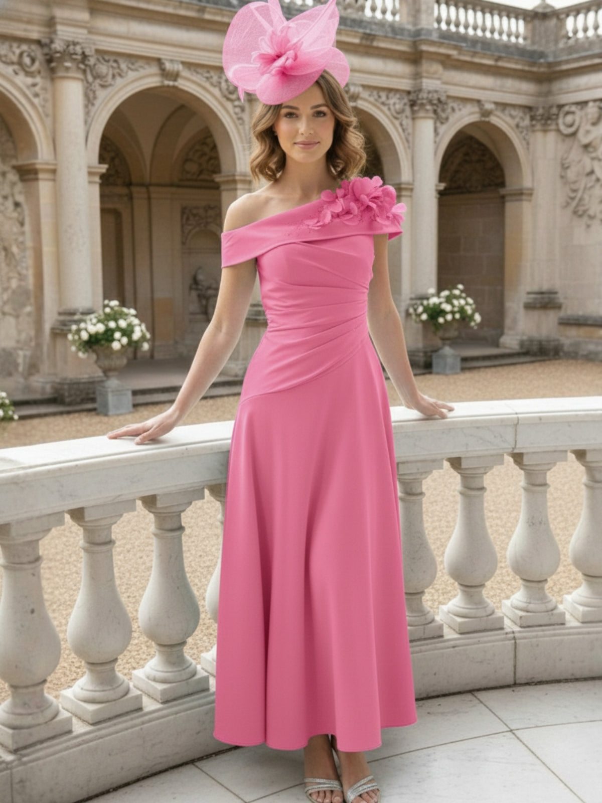 A-Line/Princess Off-the-Shoulder Pleated Tea-Length Mother of the Bride Dresses with 3D Flower