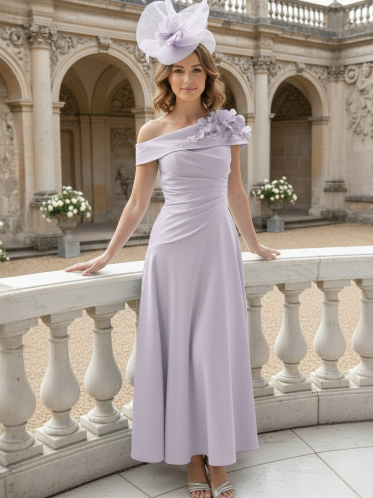 A-Line/Princess Off-the-Shoulder Pleated Tea-Length Mother of the Bride Dresses with 3D Flower