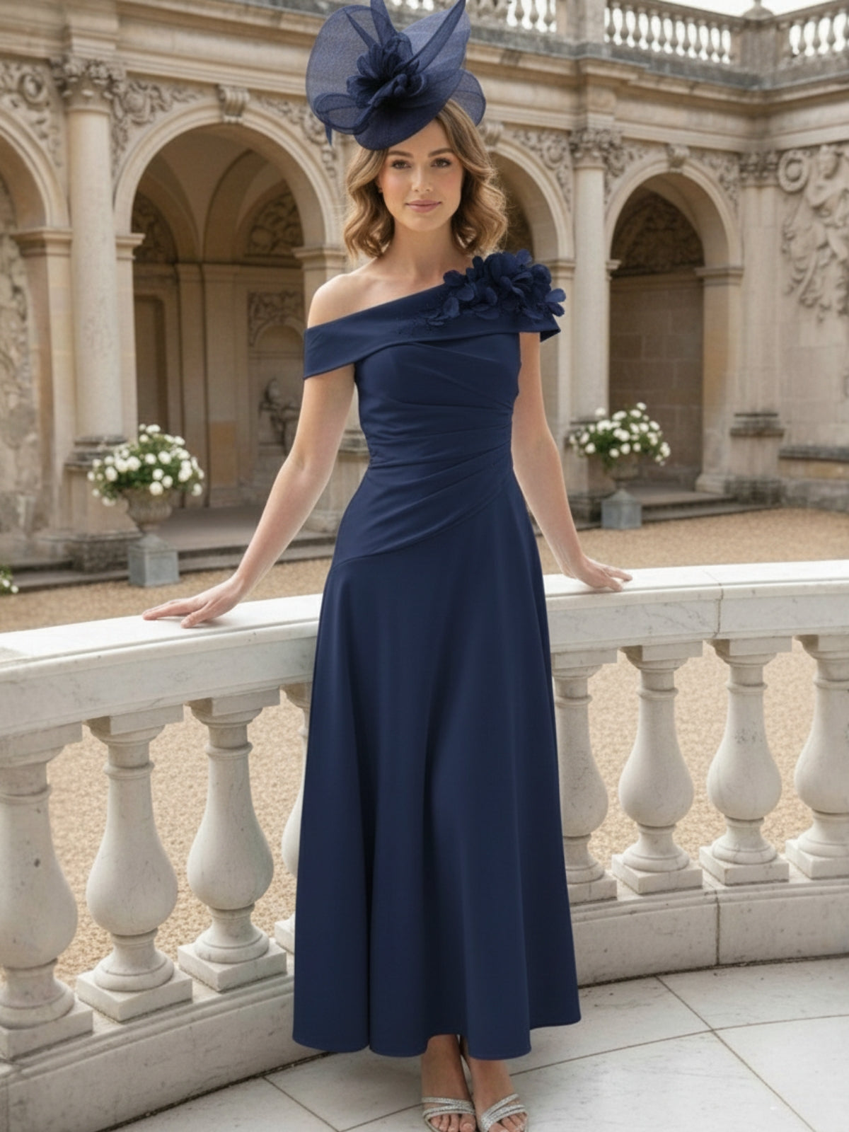 A-Line/Princess Off-the-Shoulder Pleated Tea-Length Mother of the Bride Dresses with 3D Flower