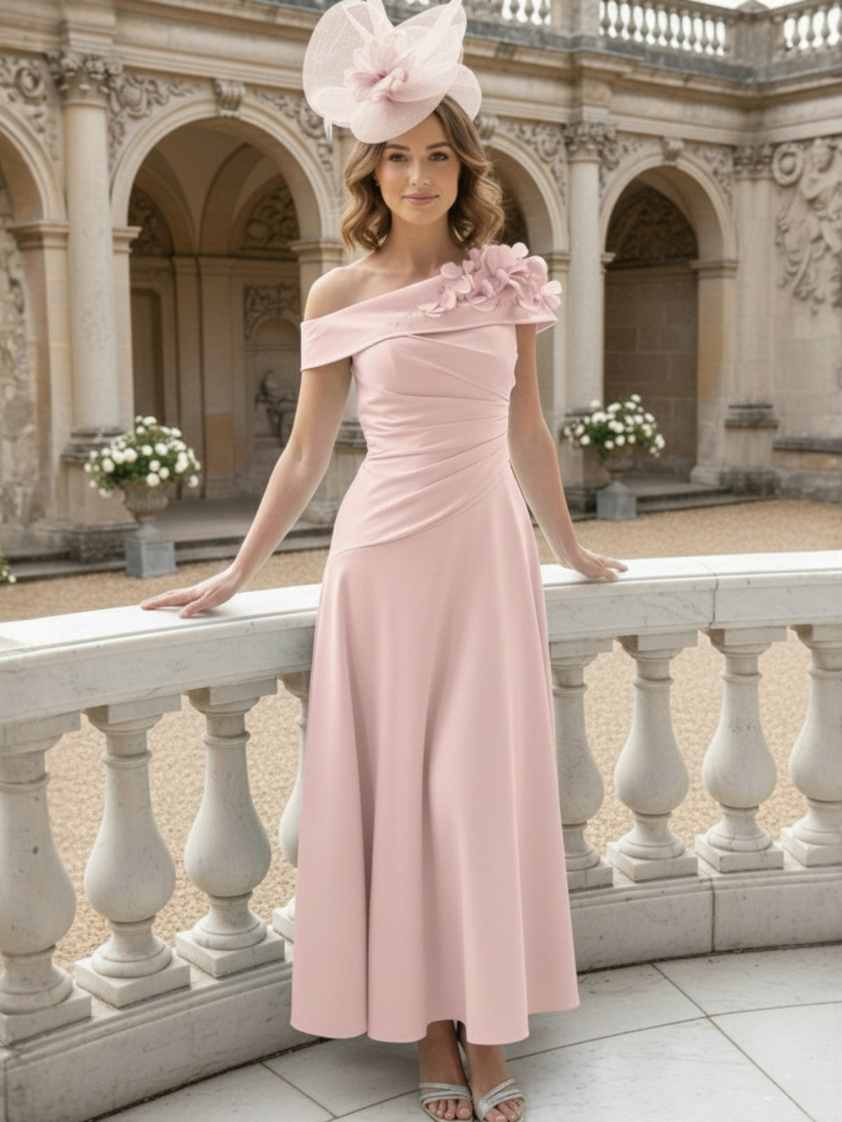A-Line/Princess Off-the-Shoulder Pleated Tea-Length Mother of the Bride Dresses with 3D Flower
