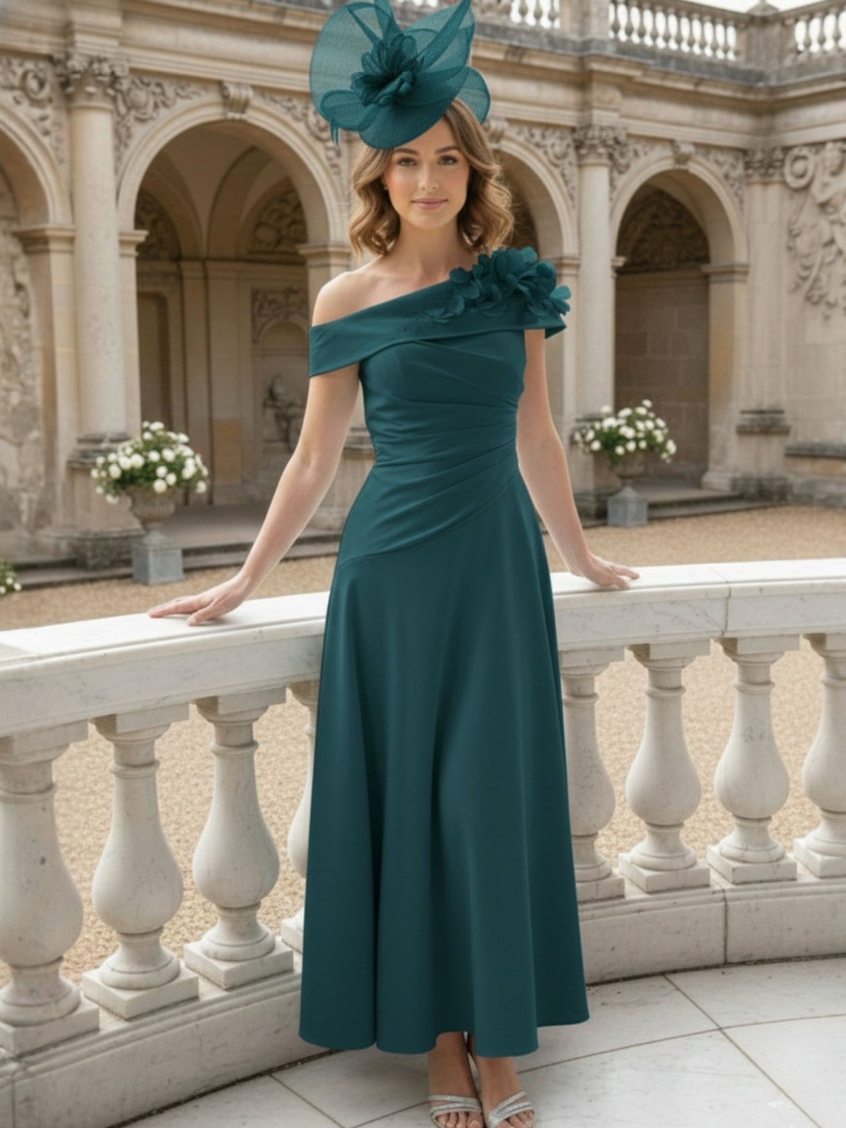 A-Line/Princess Off-the-Shoulder Pleated Tea-Length Mother of the Bride Dresses with 3D Flower