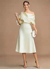 A-Line/Princess One-shoulder Short Sleeves Tea-Length Mother of the Bride Dresses with Ruffles