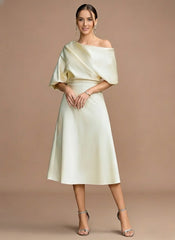 A-Line/Princess One-shoulder Short Sleeves Tea-Length Mother of the Bride Dresses with Ruffles