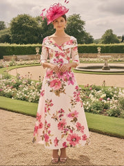 A-Line/Princess Off-the-Shoulder Mother of the Bride Dresses Satin Ankle-Length 3/4 Sleeves Floral
