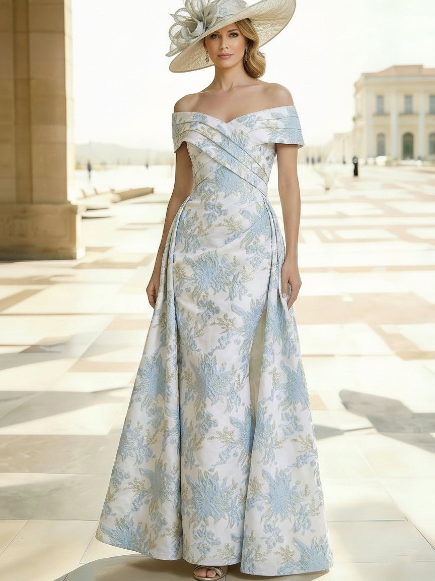 A-Line/Princess Off-the-Shoulder Mother of the Bride Dresses Printed Satin Floor-Length Sleeveless With Overskirt