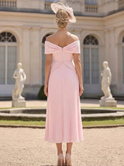 A-Line/Princess Off-the-Shoulder Stretch Satin Chiffon Mother of the Bride Dresses Tea-Length Sleeveless Pleated