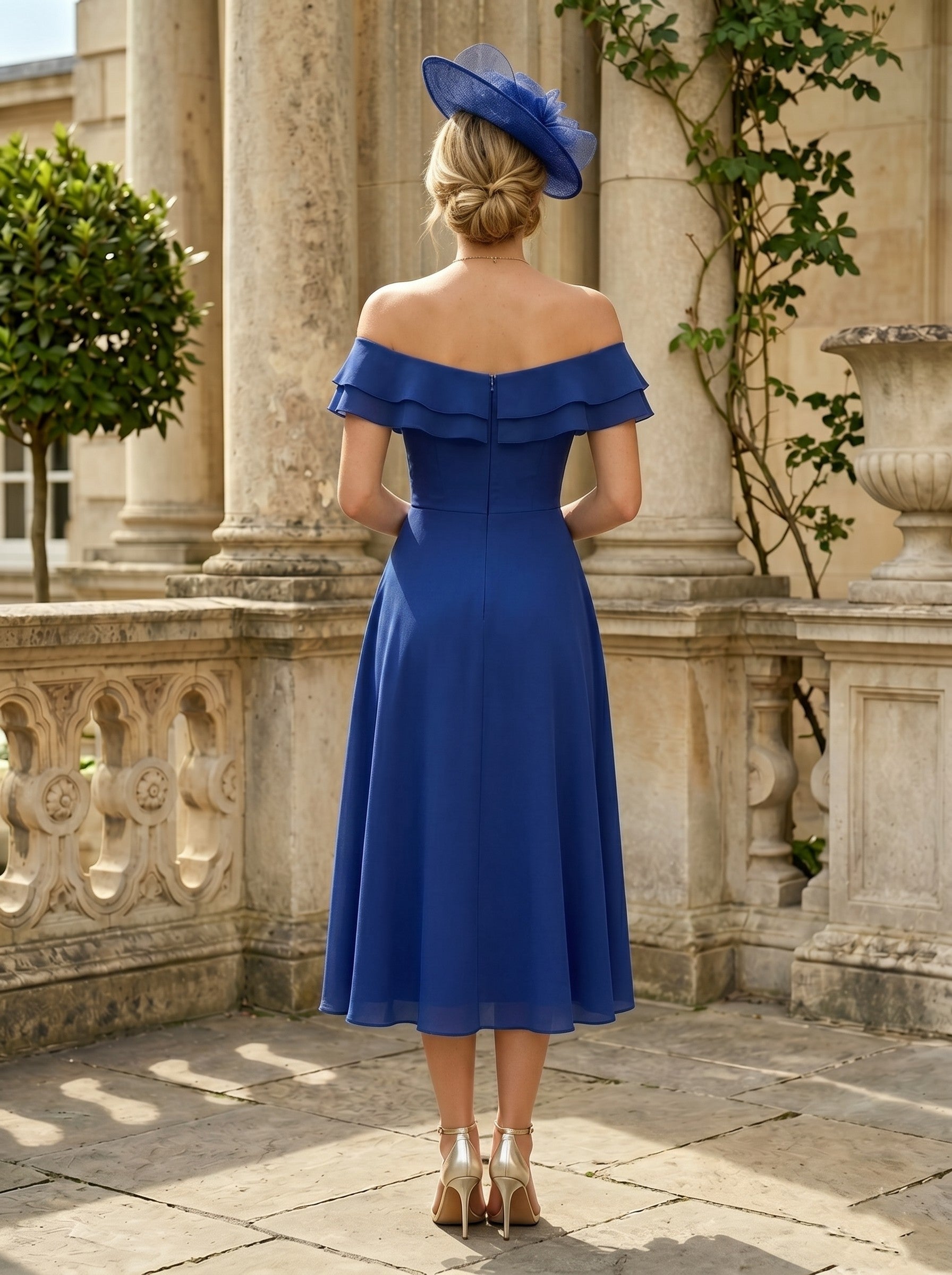 A-Line/Princess Off-the-Shoulder Chiffon Mother of the Bride Dresses Sleeveless Tea-Length Ruffles