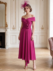 A-Line/Princess Off-the-Shoulder Tea-Length Sleeveless Mother of the Bride Dresses with 3D Flowers