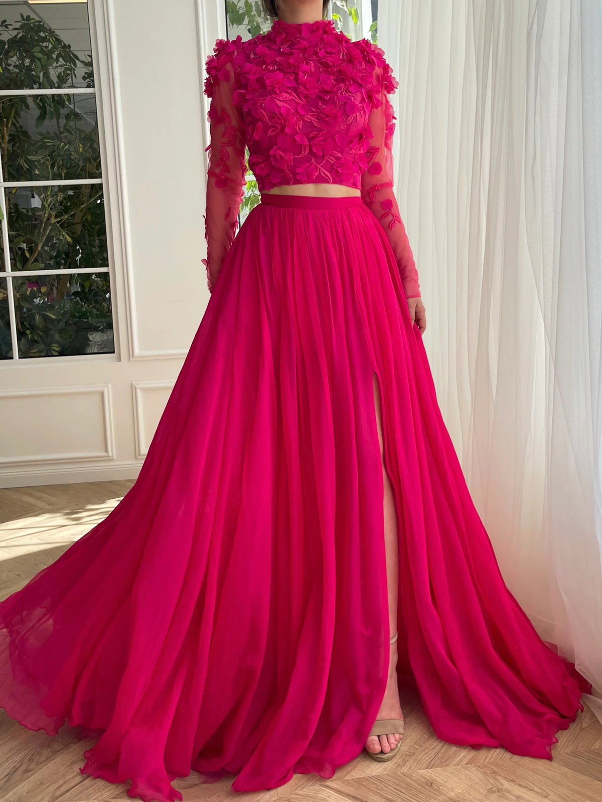 A-Line/Princess High Neck Long Prom Dresses With Split Side