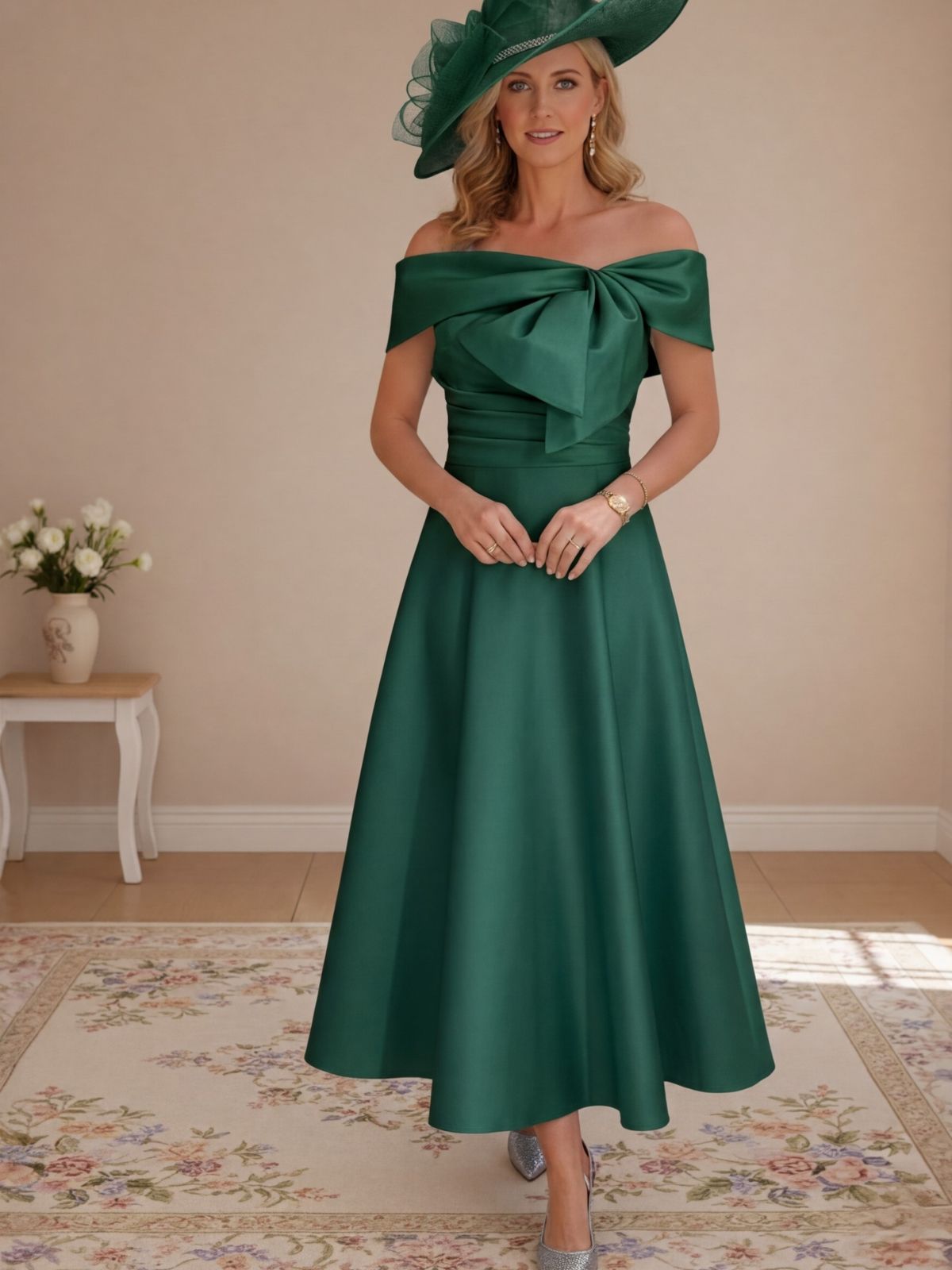 A-Line/Princess Off-the-Shoulder Tea-Length Mother of the Bride Dresses with Bowknot & Pocket