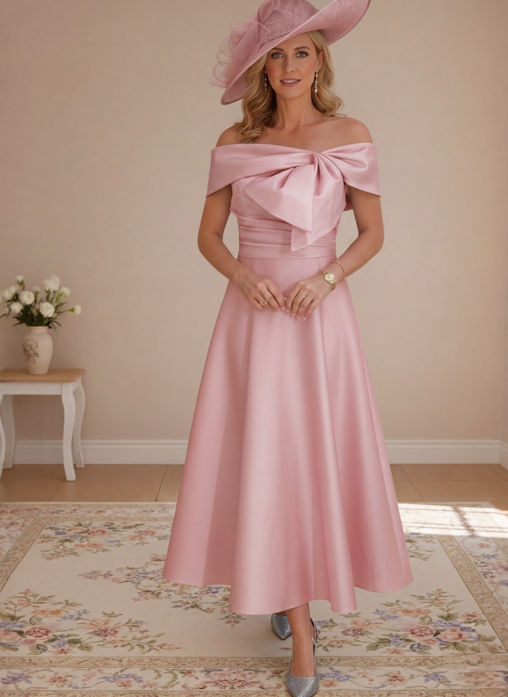 A-Line/Princess Off-the-Shoulder Tea-Length Mother of the Bride Dresses with Bowknot & Pocket