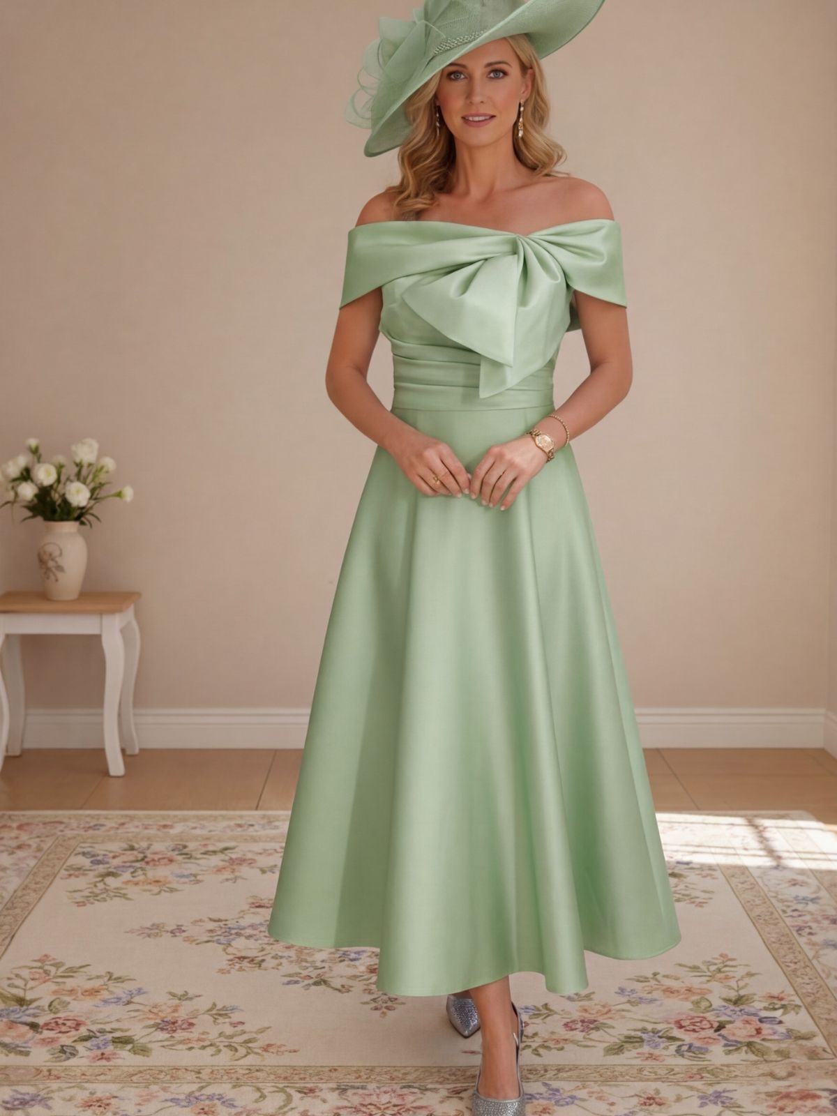 A-Line/Princess Off-the-Shoulder Tea-Length Mother of the Bride Dresses with Bowknot & Pocket