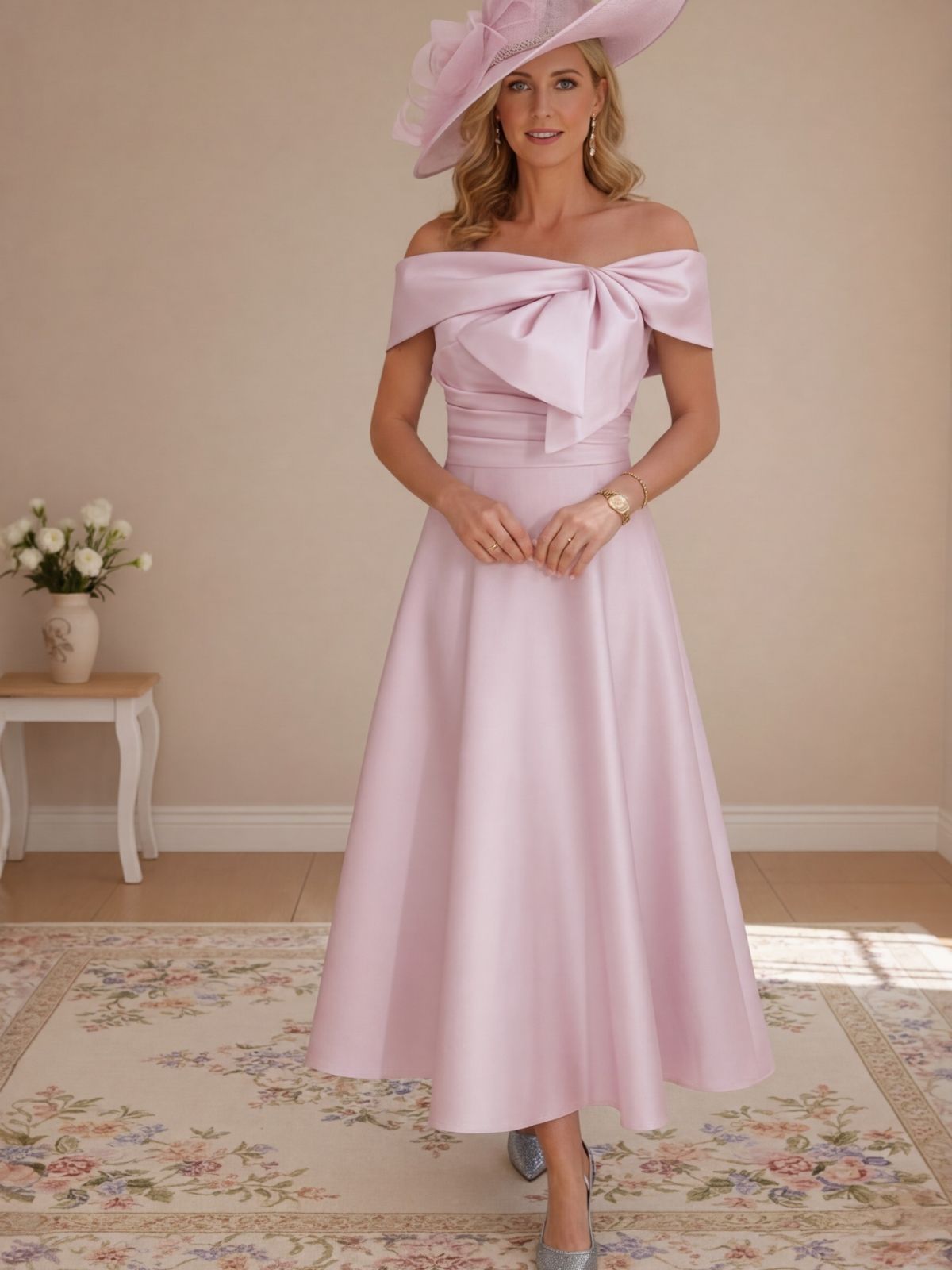 A-Line/Princess Off-the-Shoulder Tea-Length Mother of the Bride Dresses with Bowknot & Pocket