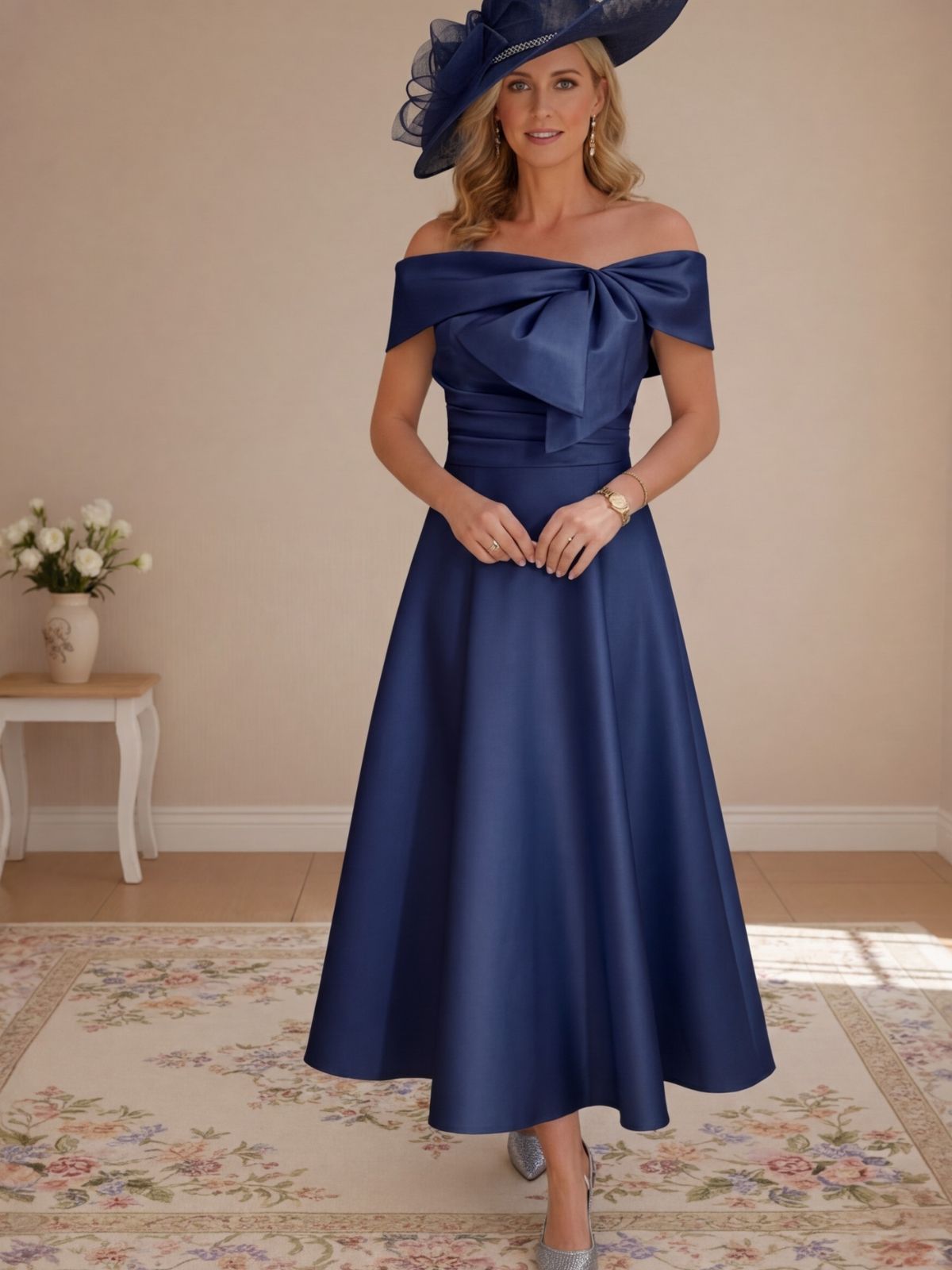 A-Line/Princess Off-the-Shoulder Tea-Length Mother of the Bride Dresses with Bowknot & Pocket